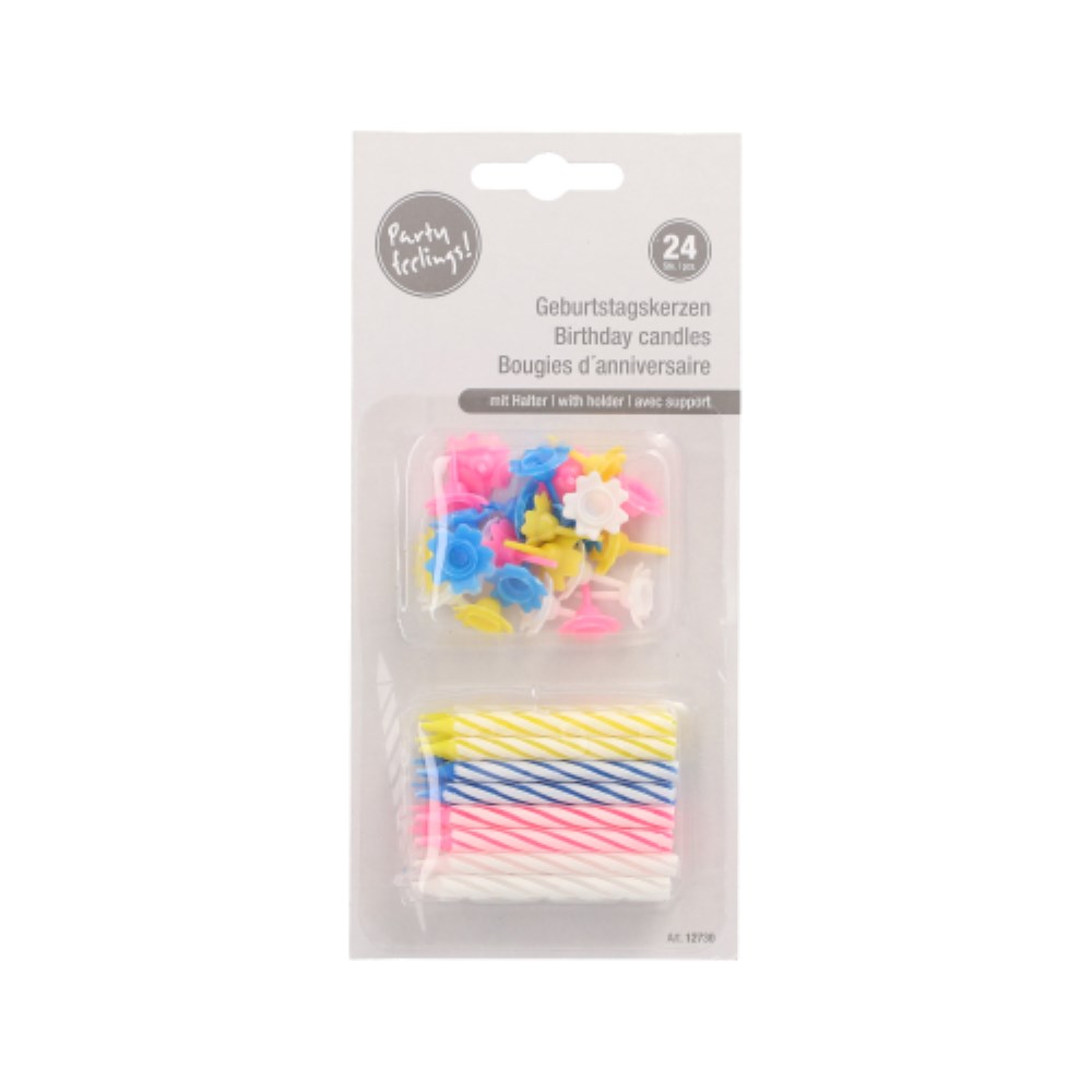 24 Geburtstagskerzen mit Halter 6 cm farbig sortiert