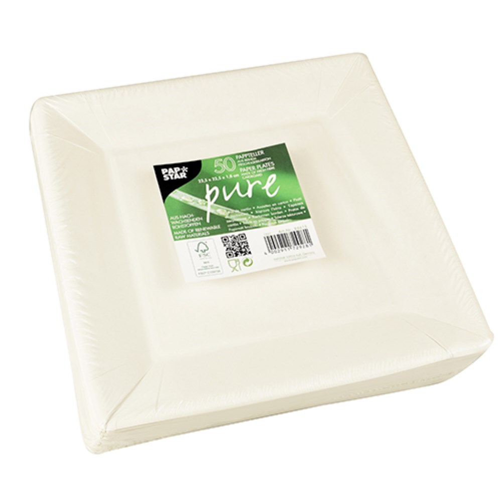 50 Teller, Pappe "pure" eckig 22,5 cm x 22,5 cm x 1,8 cm weiss