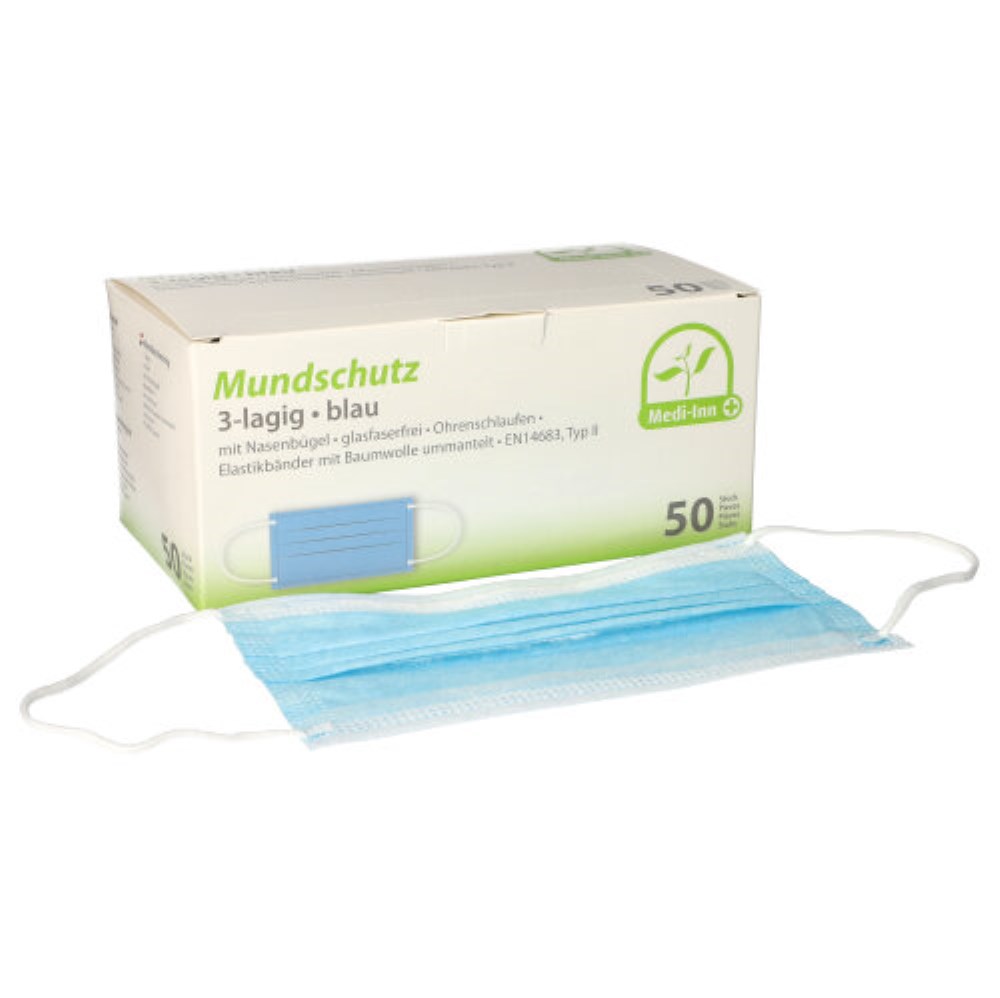 50 "Medi-Inn" Mundschutz Type II 3-lagig 9 cm x 17,5 cm blau mit Nasenbügel
