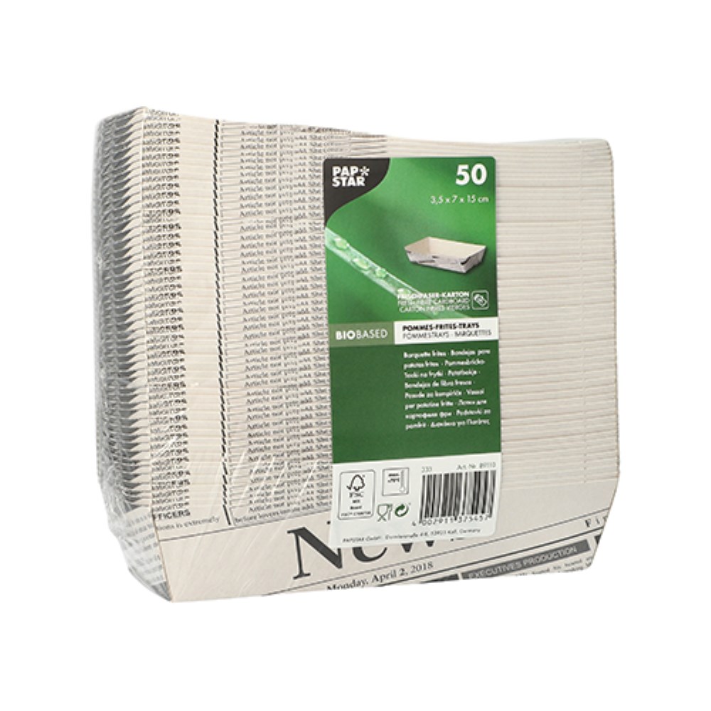 50 Pommes-Frites-Trays 3,5 cm x 7 cm x 15 cm weiss "Newsprint"