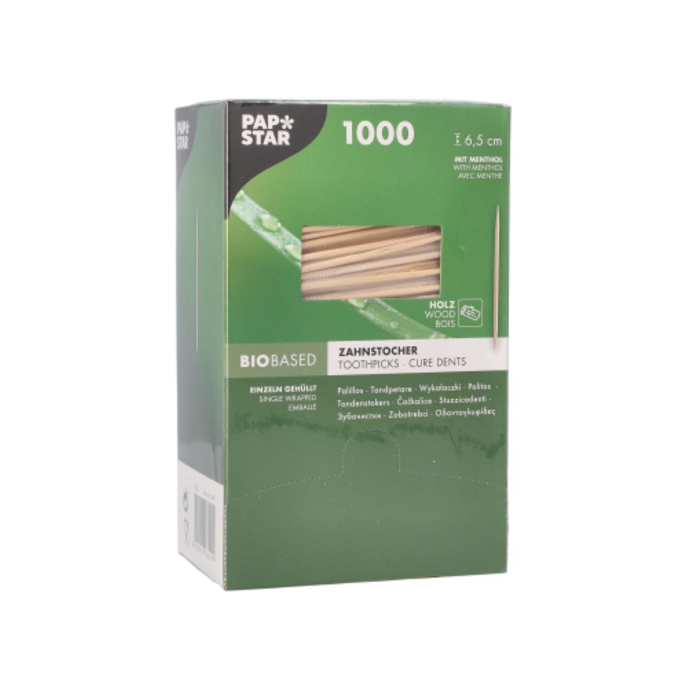 1000 Zahnstocher, Holz gehüllt rund 6,5 cm mit Menthol 1000 Zahnstocher, Holz gehüllt rund 6,5 cm mit Menthol