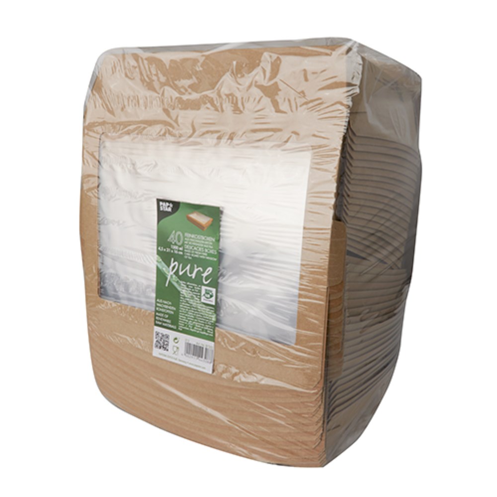 40 Feinkostboxen Pappe "pure" eckig 1500 ml 4,5 cm x 21 cm x 16 cm braun "100% Fair"