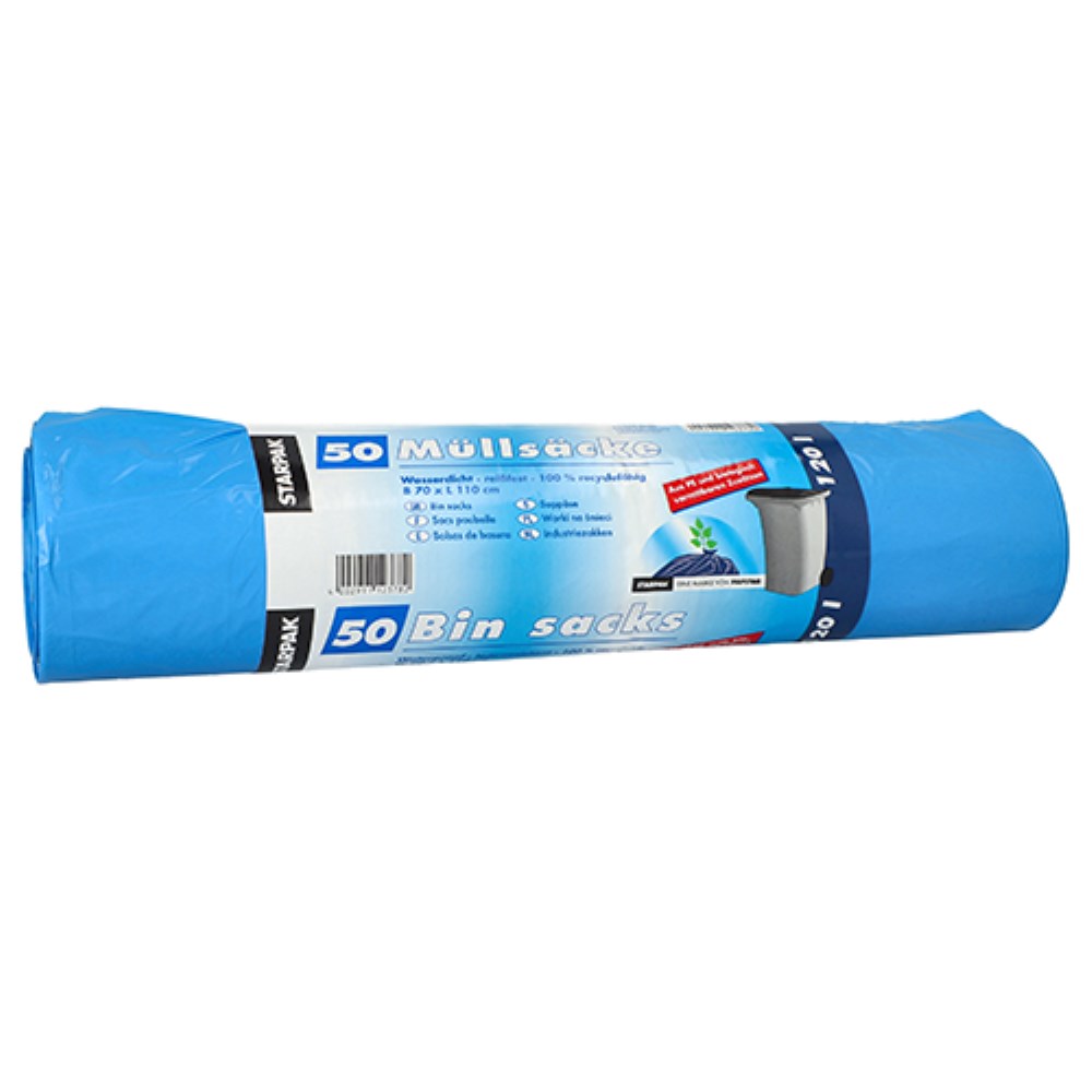 50 Müllsäcke, HDPE 120 l 110 cm x 70 cm blau 24 my
