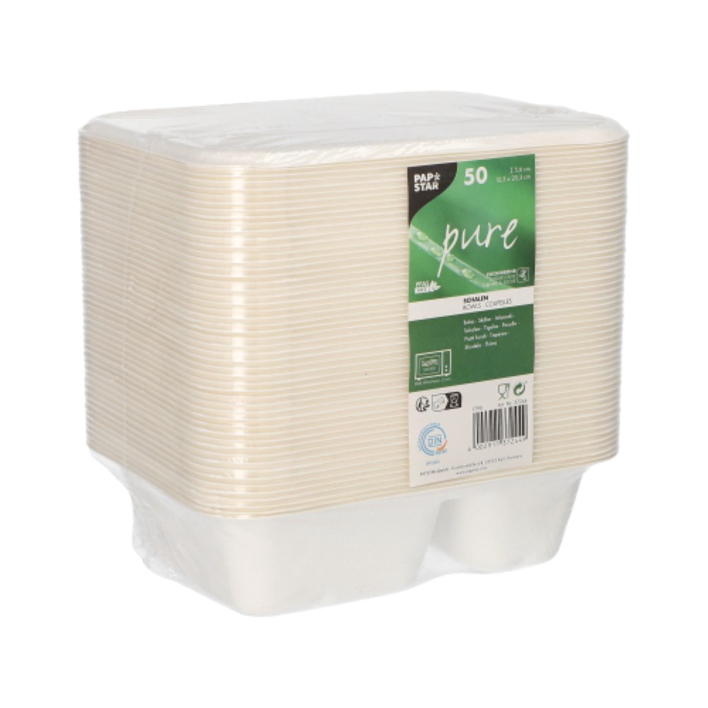 50 Schalen, Zuckerrohr "pure" 2-geteilt 5,6 cm x 15,3 cm x 20,3 cm weiss