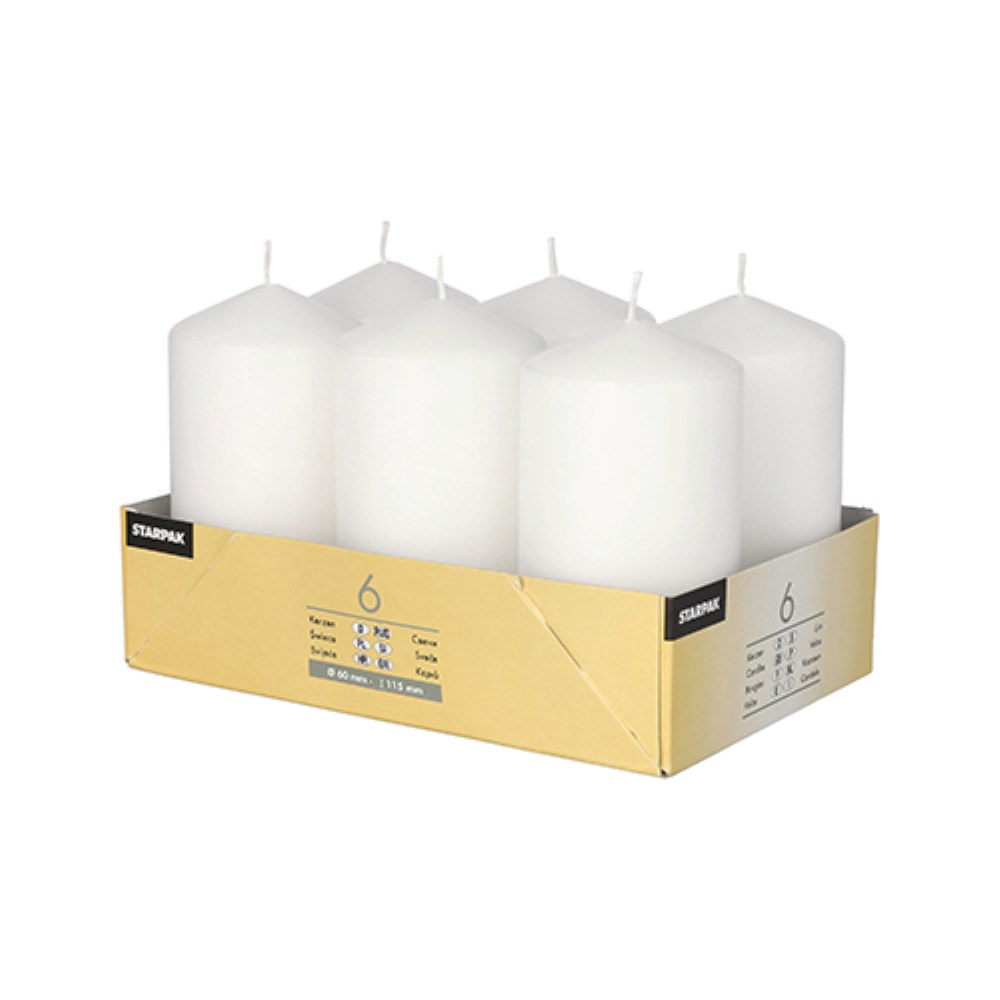 6 Stumpenkerzen Ø 60 mm · 115 mm weiss 6 Stumpenkerzen Ø 60 mm · 115 mm weiss