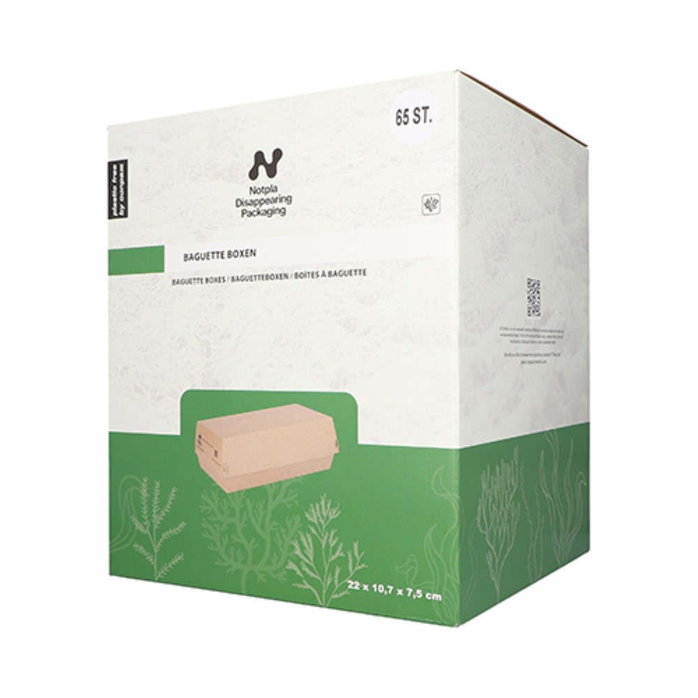 65 Baguetteboxen, Pappe "NOTPLA" 7,5 cm x 10,7 cm x 22 cm braun