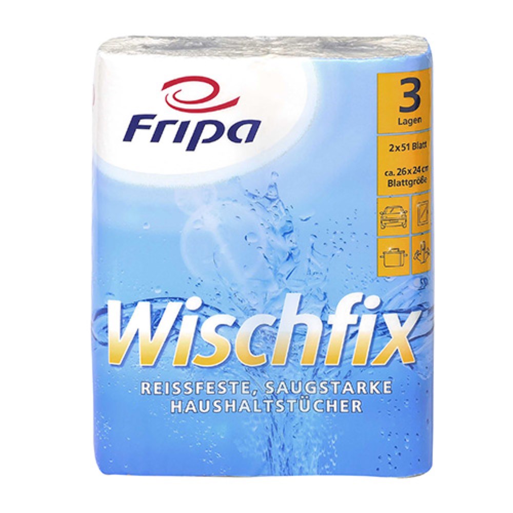 2 Rollen Küchenrollen 3-lagig 26 cm x 23,8 cm weiss "Wischfix" 51 Blatt