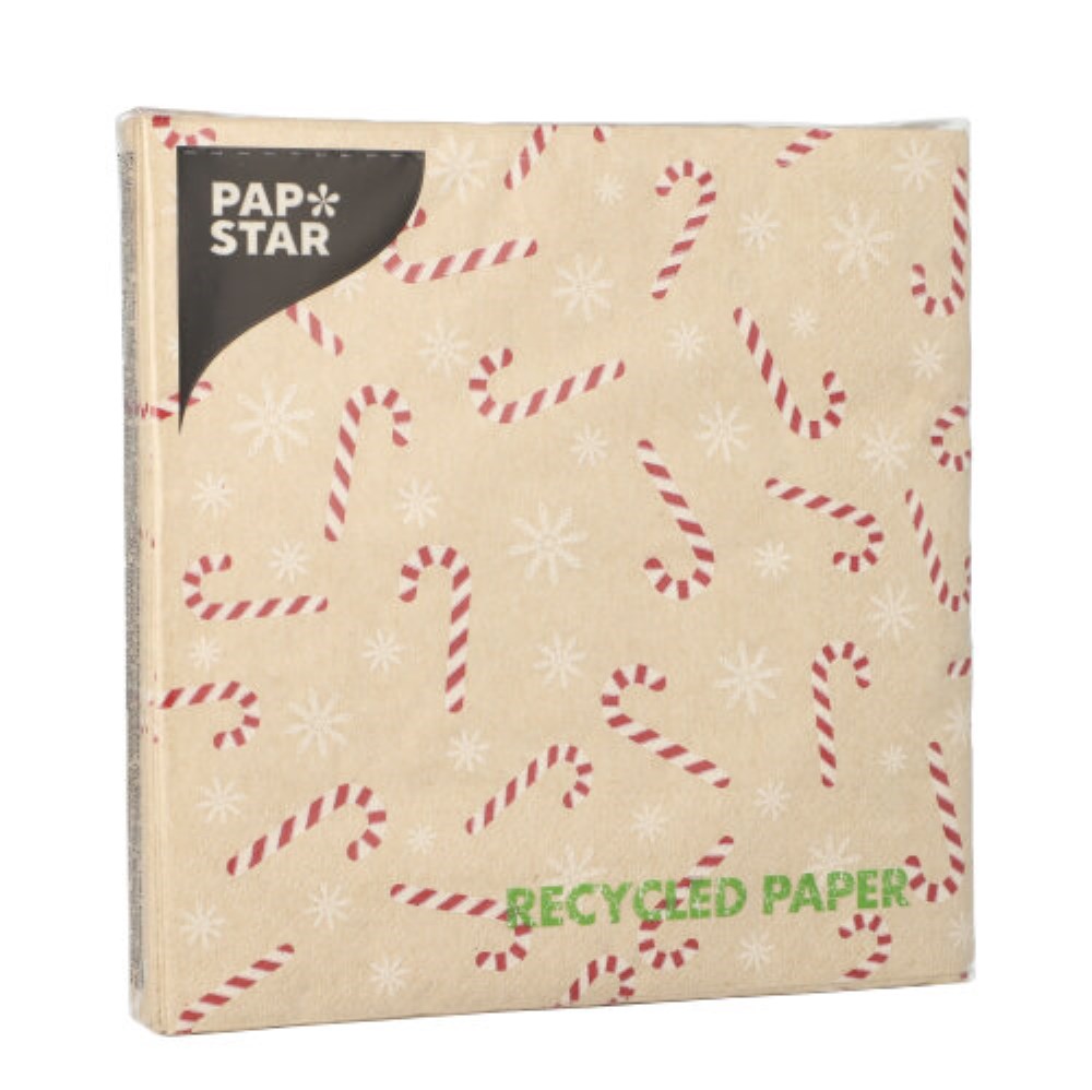 20 Servietten, 3-lagig 1/4-Falz 33 cm x 33 cm natur "Candy Canes" aus recyceltem Papier