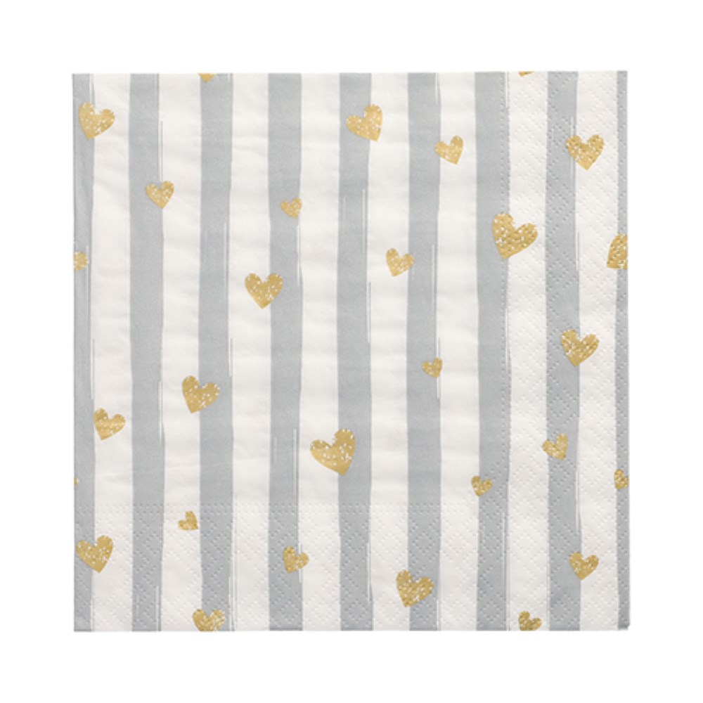 30 Servietten, 3-lagig 1/4-Falz 33 cm x 33 cm grau "Golden Hearts"
