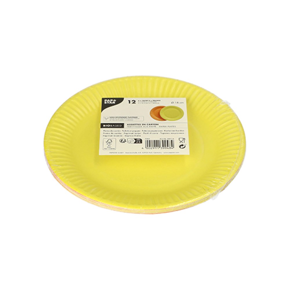12 Teller, Pappe rund Ø 18 cm farbig sortiert - gelb/orange