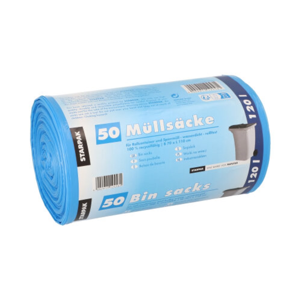 50 Müllsäcke, HDPE 120 l 110 cm x 70 cm blau 18 my