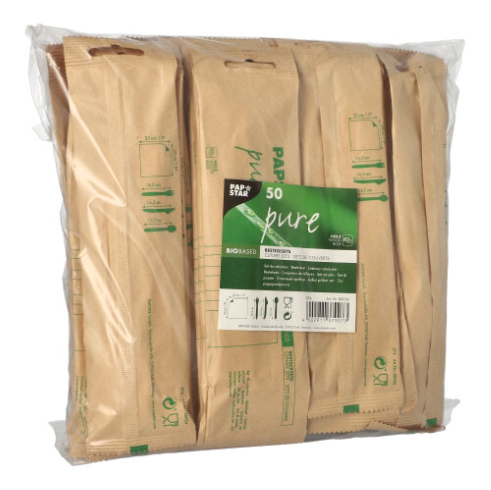 50 Bestecksets, Holz "pure" : Messer, Gabel, Löffel, Serviette in Papierbeutel