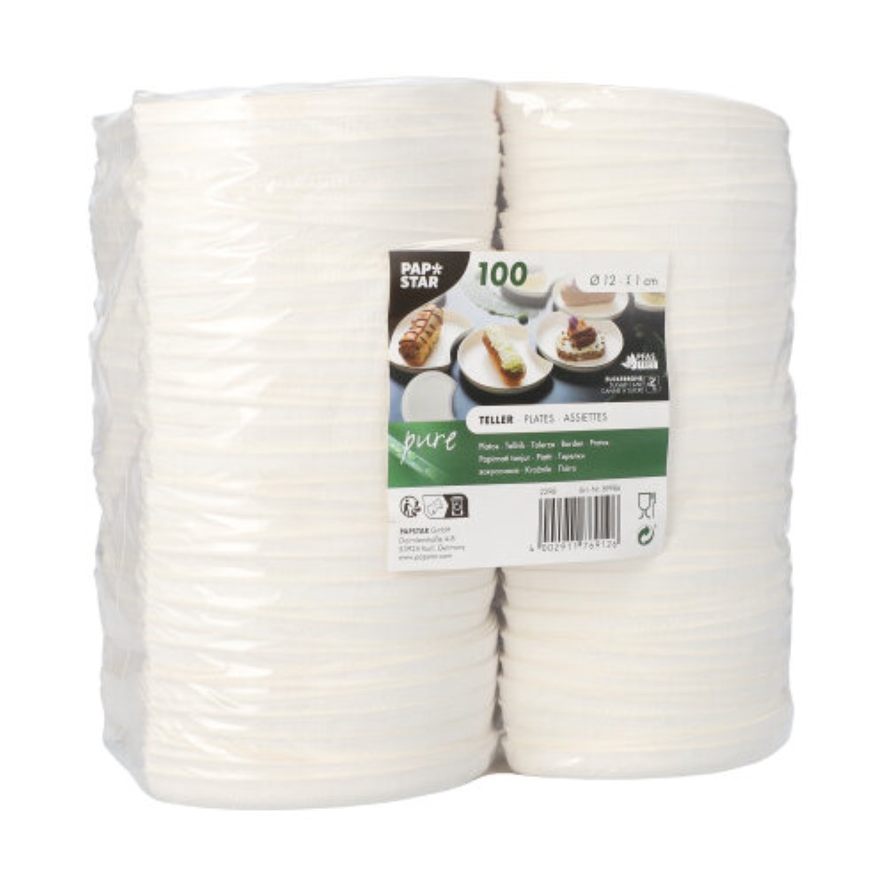 100 Teller Zuckerrohr "pure" Halbmond Ø 12 cm · 1 cm weiss "Cella" 100 Teller Zuckerrohr "pure" Halbmond Ø 12 cm · 1 cm weiss "Cella"