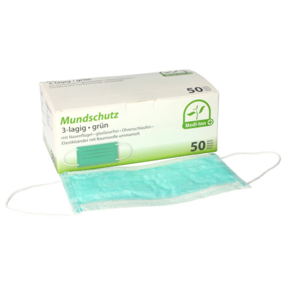 50 "Medi-Inn" Mundschutz Type II 3-lagig 9 cm x 17,5 cm grün mit Nasenbügel