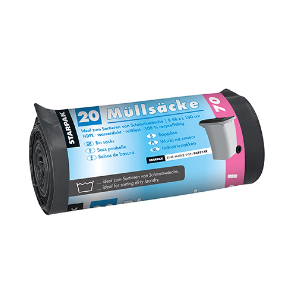 20 Müllsäcke, HDPE 70 l 100 cm x 58 cm schwarz 23 my