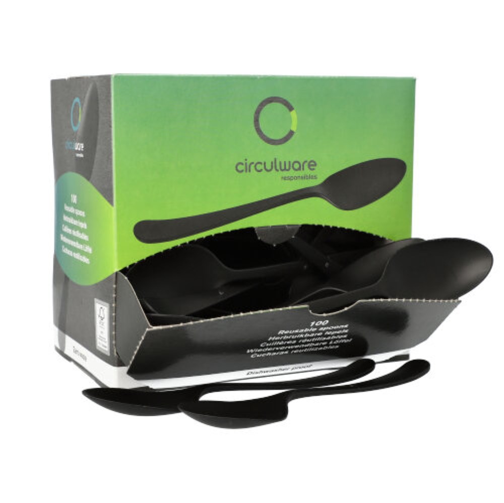 100 "Circulware" Mehrweg-Löffel PP-MF 19 cm schwarz "Gaia" extra stabil, in Spenderbox