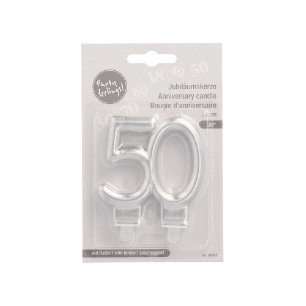 Jubiläumskerzen mit Halter 7 cm silber "50"