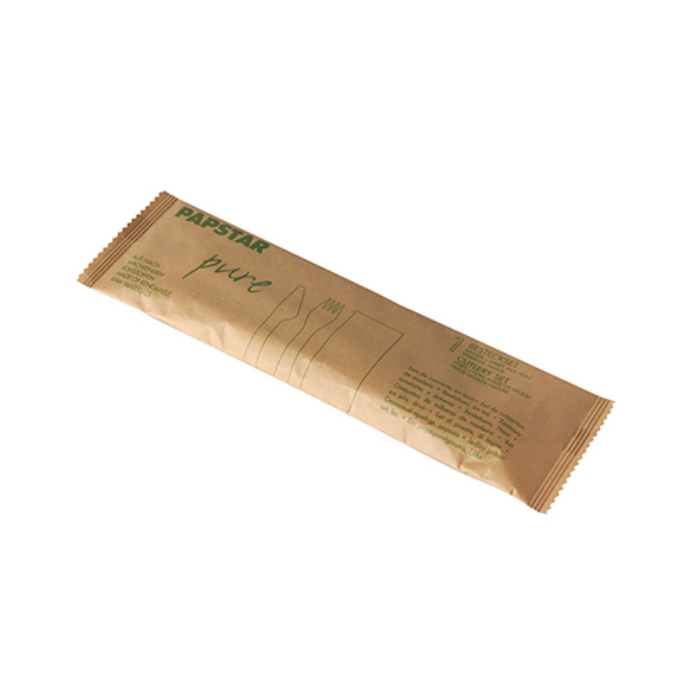 50 Besteckset, Holz "pure" : Messer, Gabel, Serviette in Papierbeutel