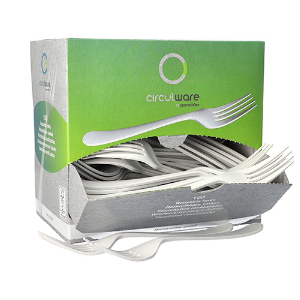 100 "Circulware" Mehrweg-Gabeln PP-MF 19 cm weiss "Gaia" extra stabil, in Spenderbox