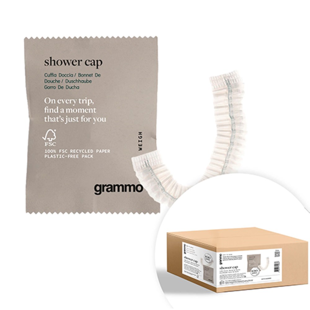 100 Duschhauben "grammo" 10 cm x 7 cm x 0,5 cm im Flow Pack