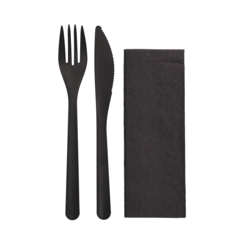 50 Mehrweg-Bestecksets PP-MF 22 cm schwarz : Messer, Gabel, Serviette in Folienbeutel