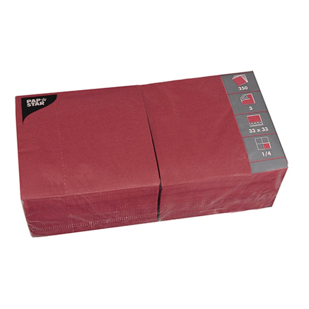 250 Servietten, 3-lagig 1/4-Falz 33 cm x 33 cm bordeaux