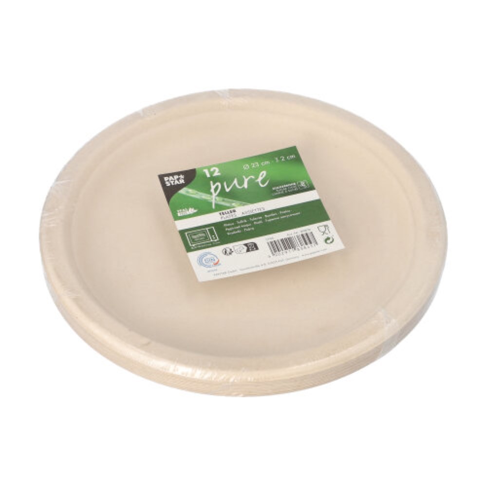 12 Teller, Zuckerrohr "pure" ungeteilt Ø 23 cm · 2 cm natur