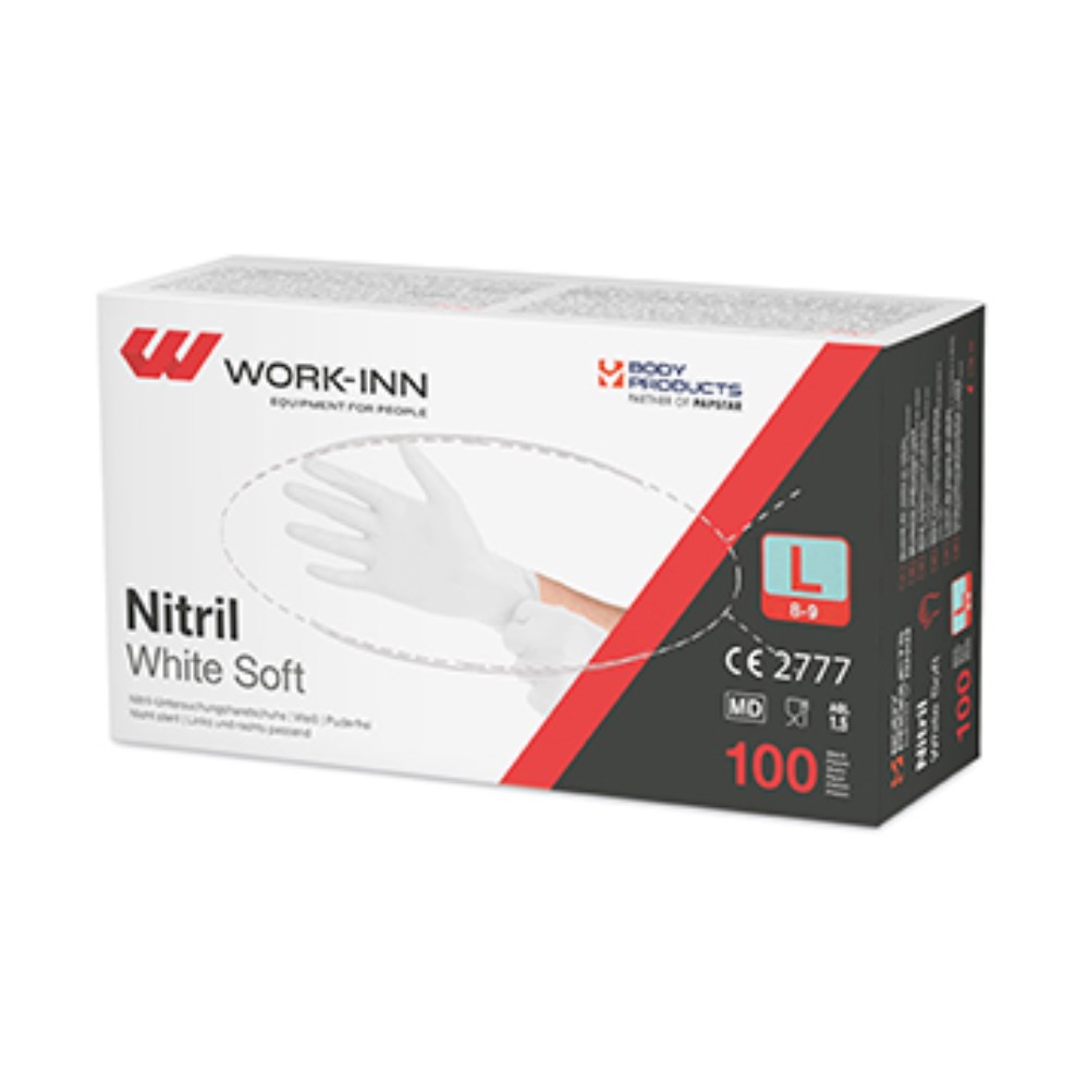 100 "WORK-INN/PS" Handschuhe Nitril puderfrei "White Soft" weiss Größe: L
