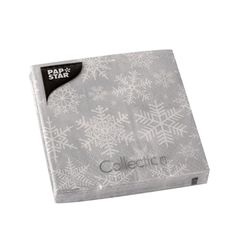 20 Servietten, 3-lagig 1/4-Falz 25 cm x 25 cm silber "Snöstjärnor"