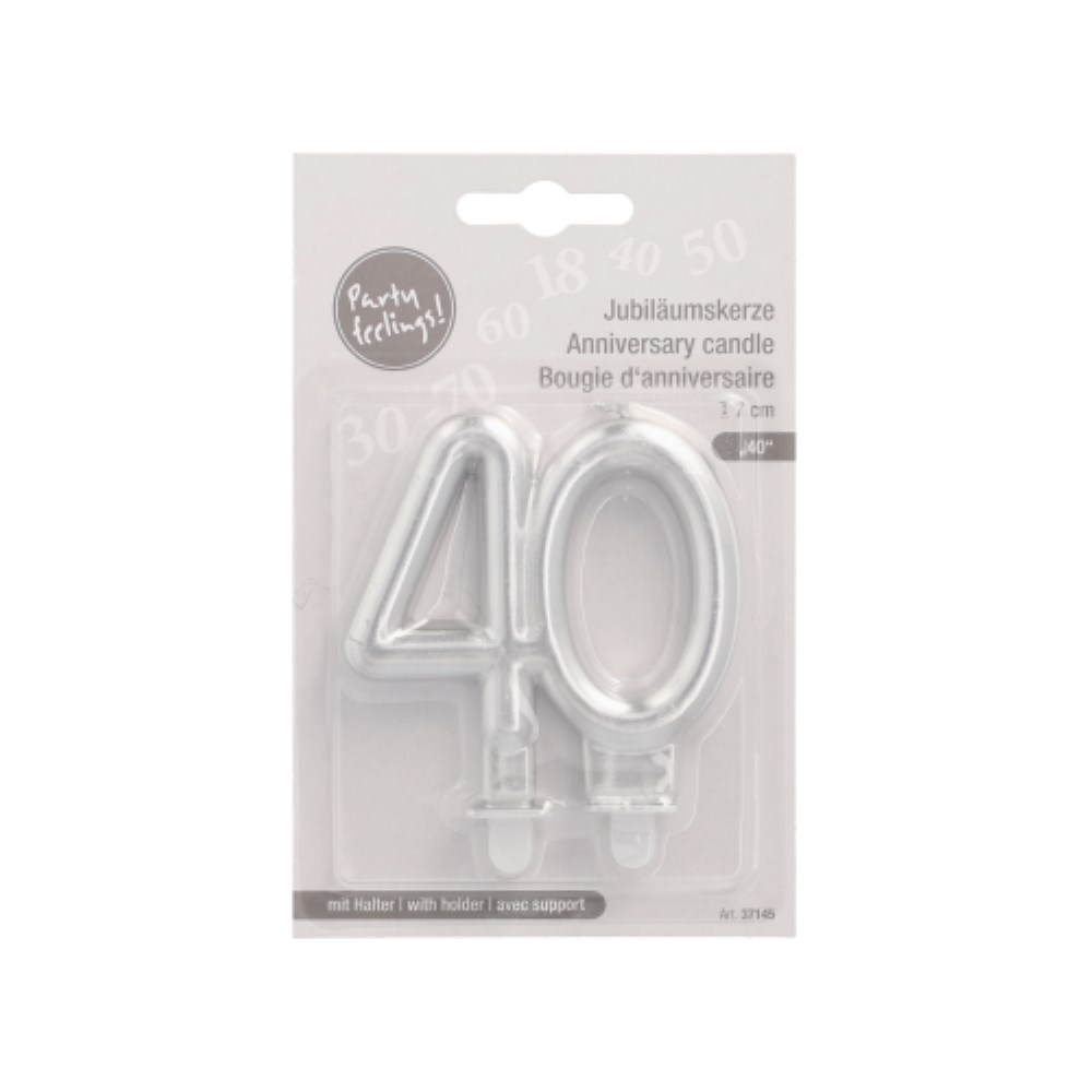 Jubiläumskerzen mit Halter 7 cm silber "40"