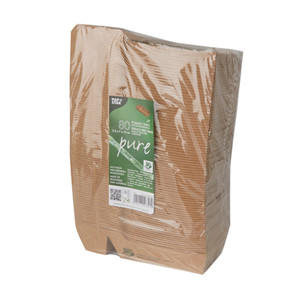 80 Pommes-Frites-Trays, Pappe "pure" 2-geteilt 3,5 cm x 7 cm x 16,3 cm braun "100% Fair" mittel