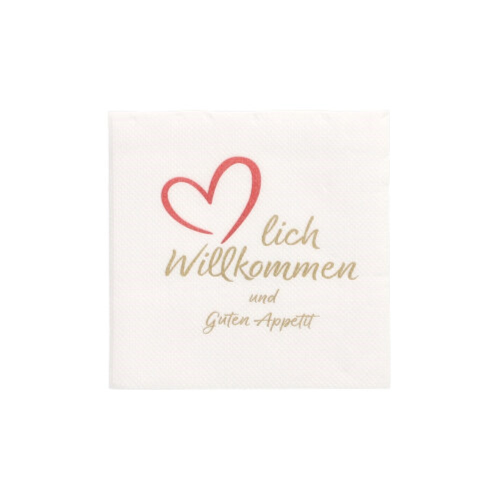 125 Servietten, 2-lagig "PUNTO" 1/4-Falz 20 cm x 20 cm weiss "Herzlich Willkommen & Guten Appetit"