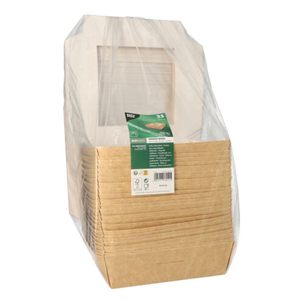 25 Feinkostboxen, Pappe mit Sichtfenster aus PLA eckig 1500 ml 19 cm x 19 cm x 5 cm braun
