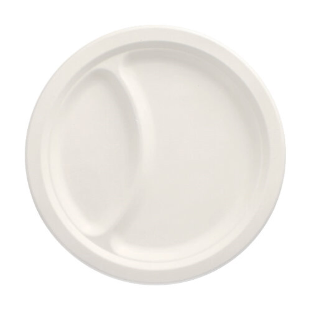 50 Teller, Zuckerrohr "pure" 2-geteilt Ø 23 cm · 2 cm weiss 50 Teller, Zuckerrohr "pure" 2-geteilt Ø 23 cm · 2 cm weiss