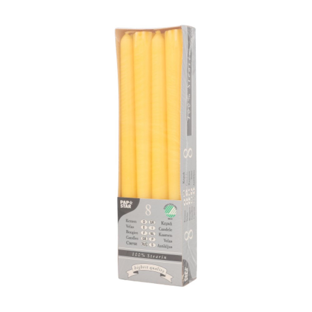 8 Leuchterkerzen Ø 2,2 cm · 25 cm gelb aus 100 % Stearin
