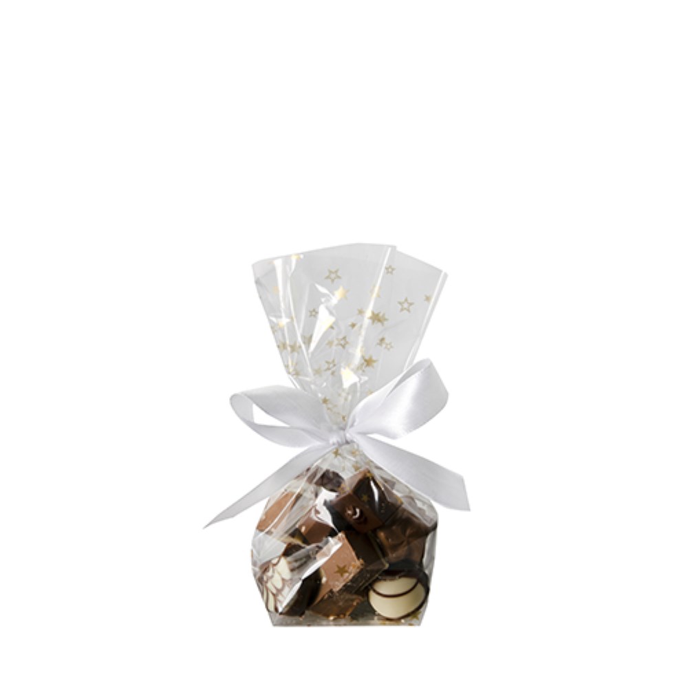 10 Bodenbeutel, PP 16 cm x 9,5 cm x 4 cm transparent "Sterne, gold"