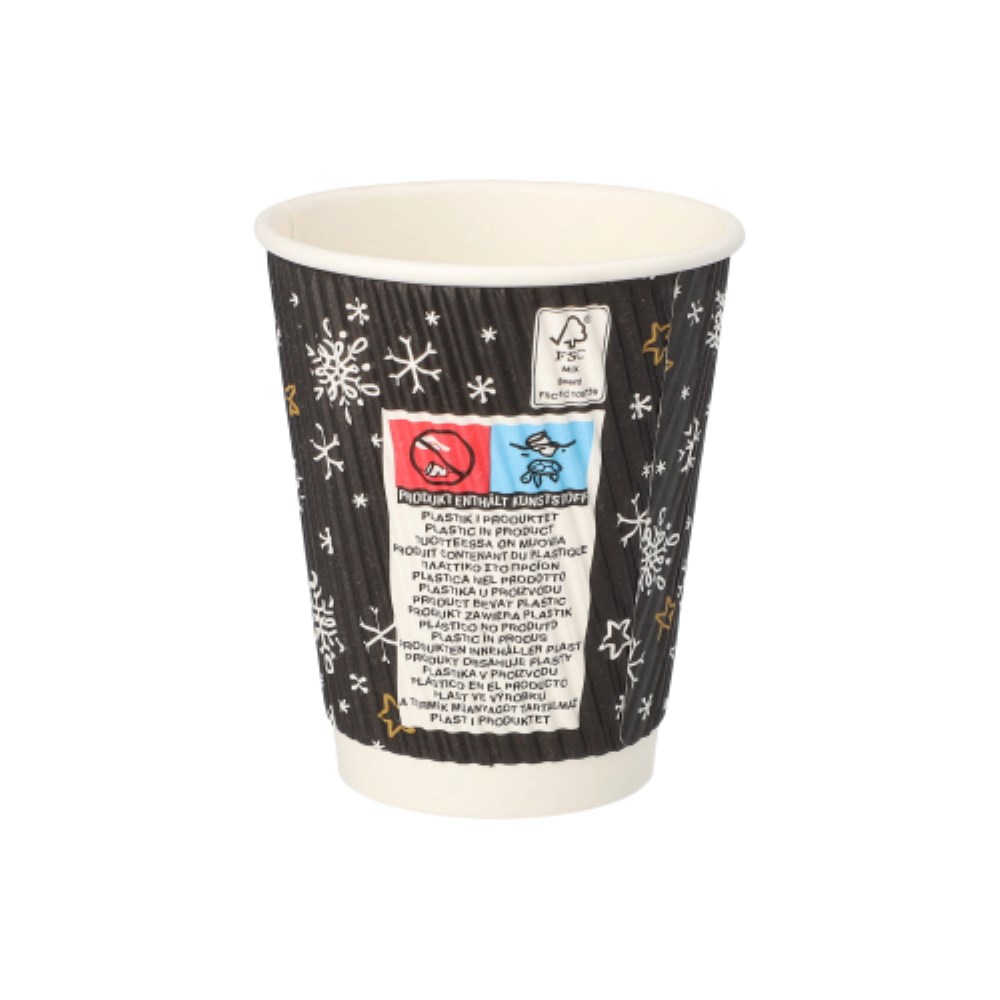 25 Trinkbecher, Pappe 0,2 l Ø 8 cm · 9 cm schwarz "Stars & Snowflakes" Ripple Wall