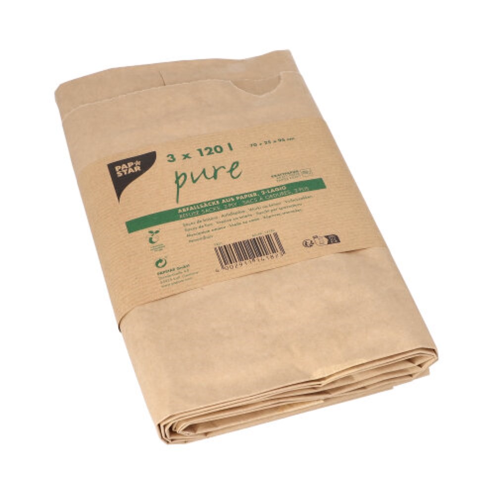 3 Abfallsäcke aus Papier "pure" 120 l 93 cm x 45 cm x 21 cm braun , 2-lagig