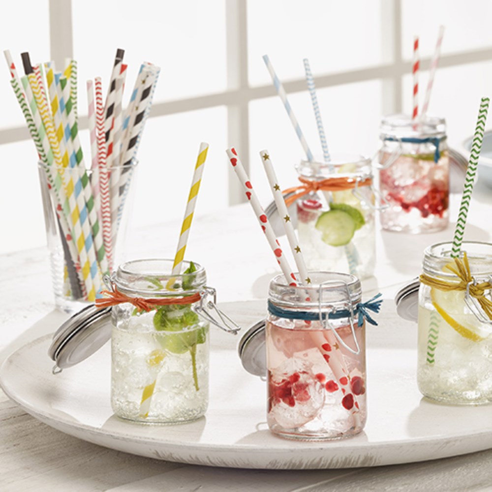 100 Trinkhalme, Papier Ø 6 mm · 20 cm farbig sortiert "Stripes" einzeln gehüllt 100 Trinkhalme, Papier Ø 6 mm · 29 cm schwarz/weiss "Stripes"