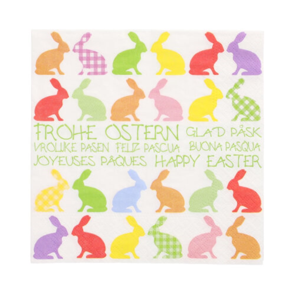 20 Servietten, 3-lagig 1/4-Falz 33 cm x 33 cm "Colourful Bunnies"