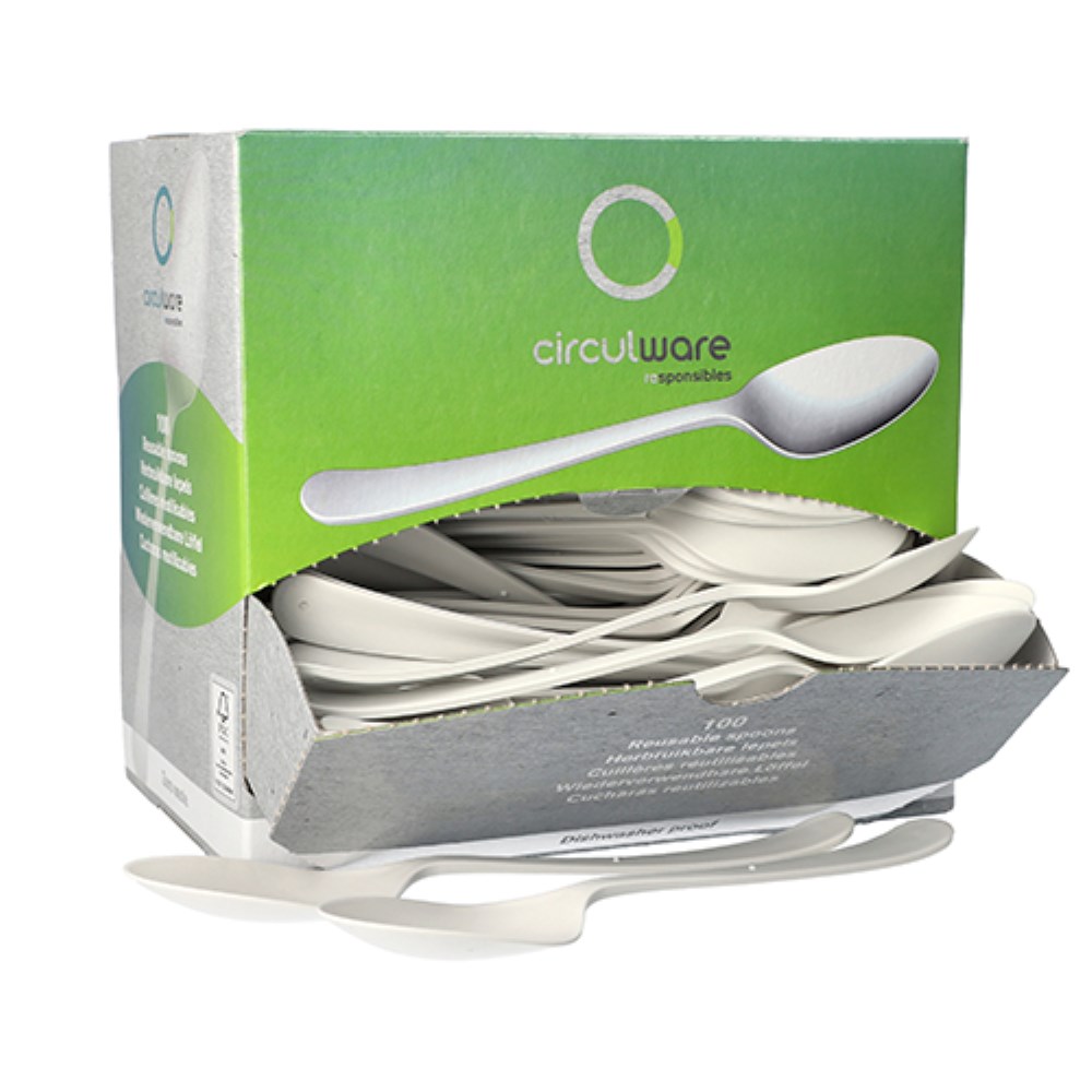 100 "Circulware" Mehrweg-Löffel PP-MF 19 cm weiss "Gaia" extra stabil, in Spenderbox