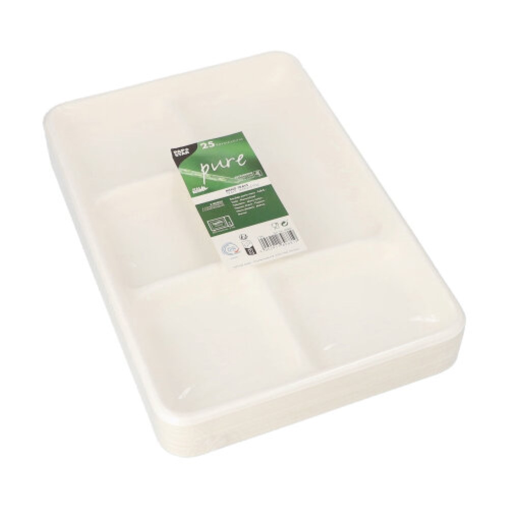 25 Menü-Trays, Zuckerrohr "pure" 5-geteilt 2,4 cm x 21,6 cm x 31,7 cm weiss