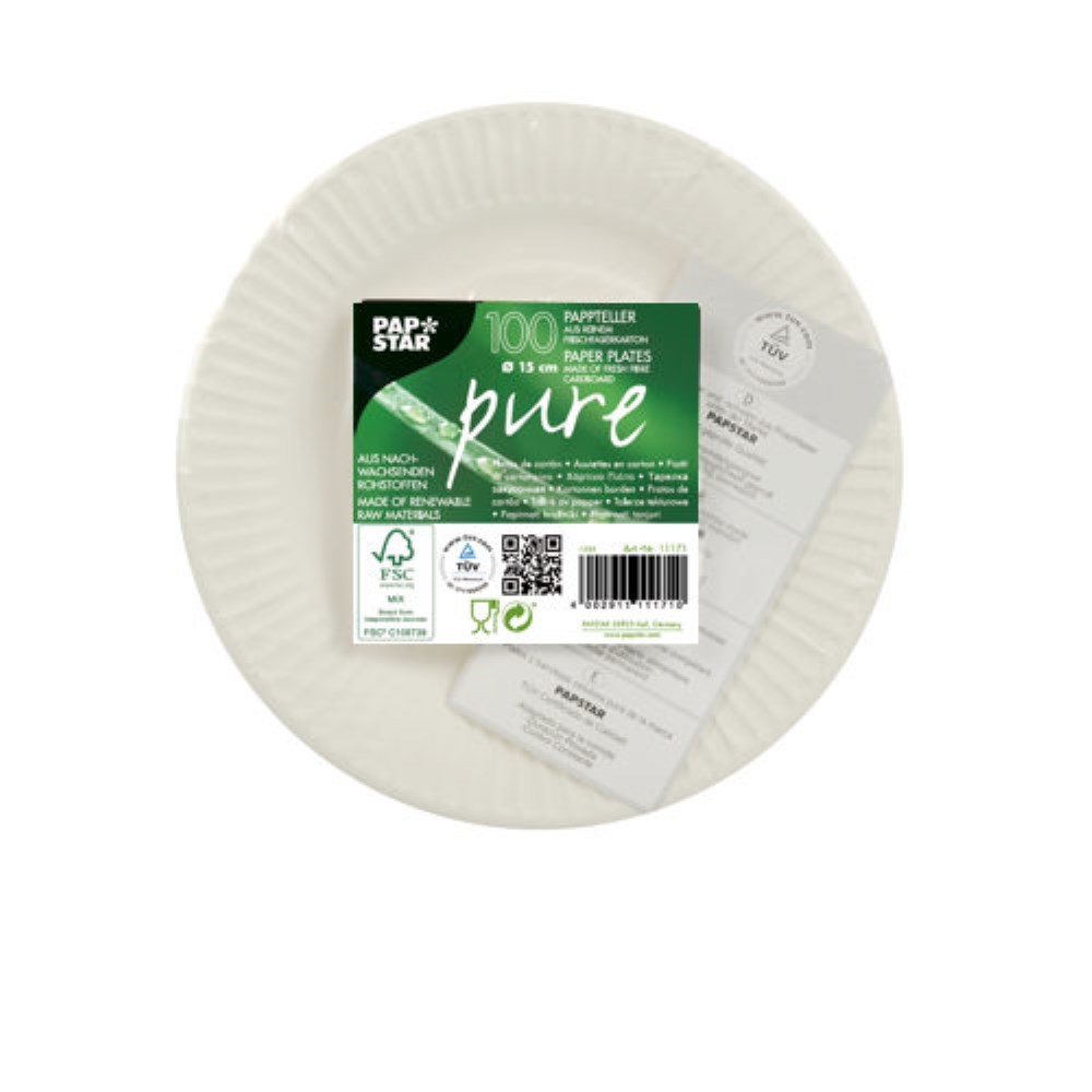 100 Teller, Pappe "pure" rund Ø 15 cm weiss