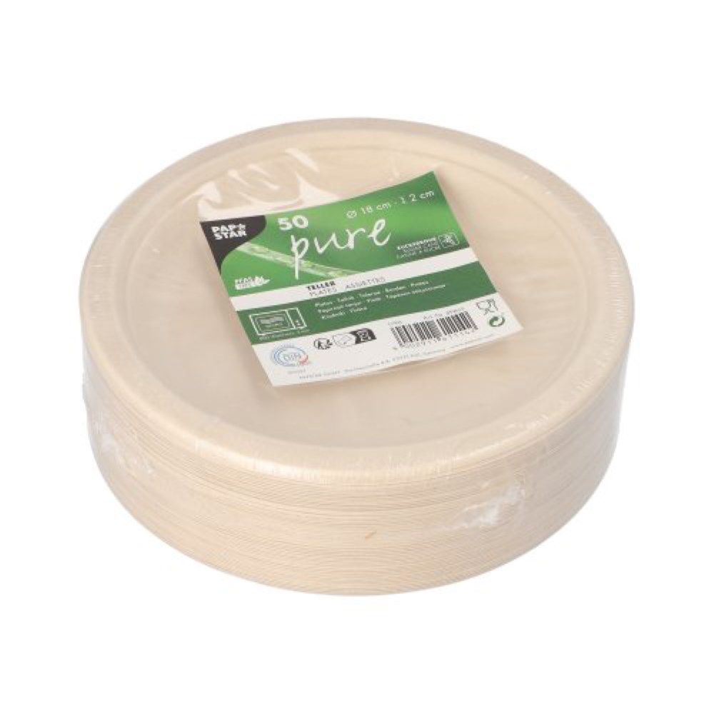 50 Teller, Zuckerrohr "pure" ungeteilt Ø 18 cm · 2 cm natur