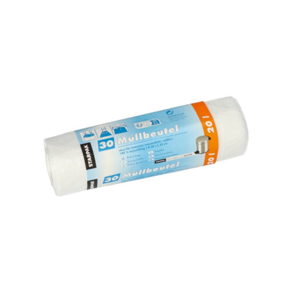 150 Müllbeutel mit Zugband, HDPE 20 l 55 cm x 48 cm transparent 14 my