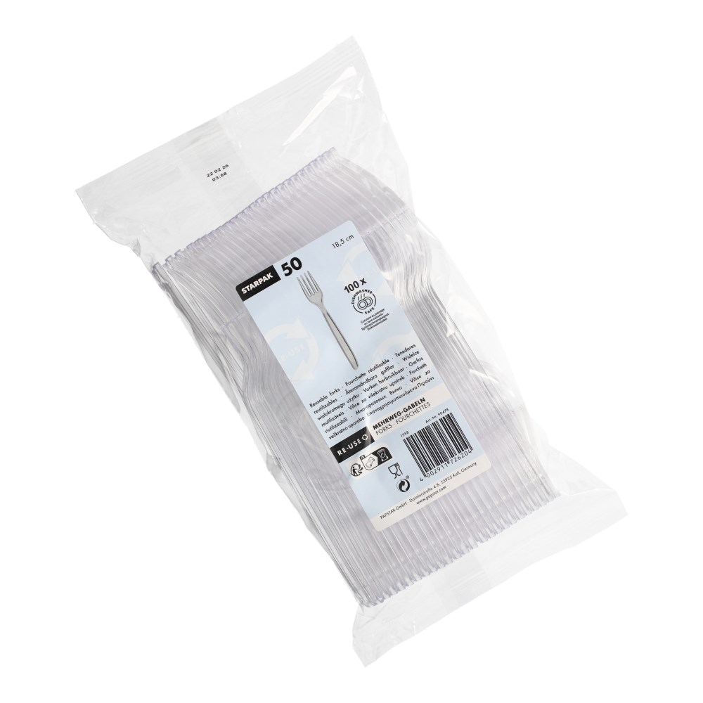 50 Mehrweg-Gabeln 18,5 cm transparent