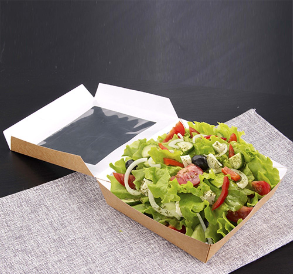 25 Feinkostboxen, Pappe mit Sichtfenster aus PLA eckig 1500 ml 19 cm x 19 cm x 5 cm braun