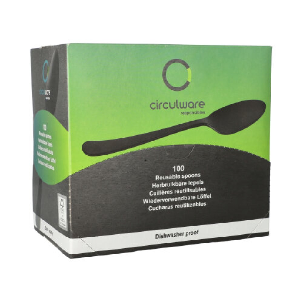 100 "Circulware" Mehrweg-Löffel PP-MF 19 cm schwarz "Gaia" extra stabil, in Spenderbox
