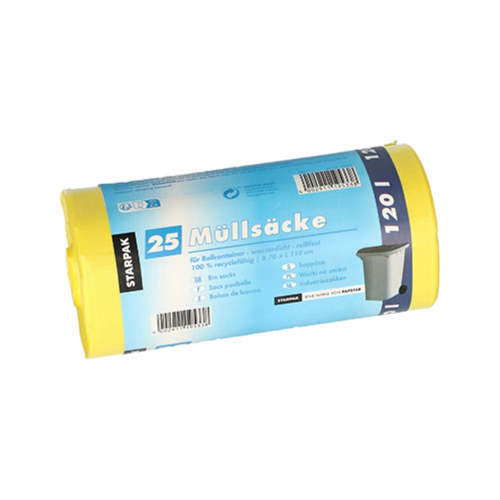25 Müllsäcke, HDPE 120 l 110 cm x 70 cm gelb 20 my