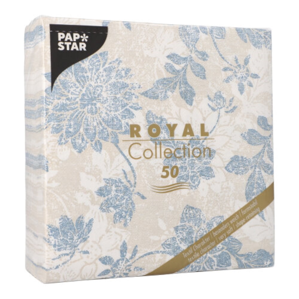 50 Servietten "ROYAL Collection" 1/4-Falz 40 cm x 40 cm arktikblau "Flowers"